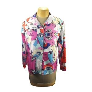 Doris Abstract Face Print Button Up Shirt Womens Medium Large Multi Color